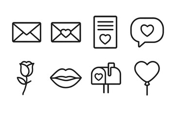 Love Message Icons. Outline icon set of love messages: envelope, heart seal, love letter, speech bubble, rose, lipstick kiss, mail box, heart balloon. Line