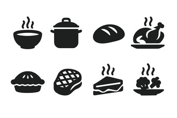 Warming Foods Icons. Solid, filled icon set of warming foods: soup bowl, stew pot, bread loaf, roasted chicken, baked pie, grilled steak, hot sandwich,