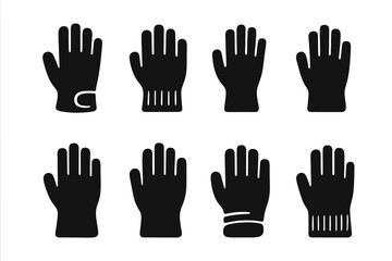 Glove Material Icons. Solid, filled icon set of glove materials: leather, wool, latex, rubber, cotton, neoprene, synthetic, polyester. Solid, filled icons in