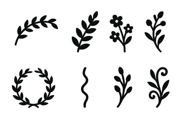 Fototapeta premium Decorative Branch Icons. Solid, filled icon set of decorative branches: curved branch, leafy twig, floral branch, branch with berries, branch wreath, twisted