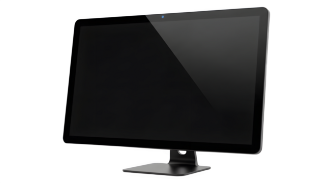 Sleek Black Computer Monitor Displaying a Dark Screen on a White Background.