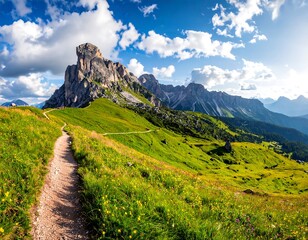 Panoramic mountain path in vibrant alpine meadow