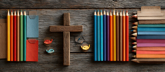 Christian themed craft supplies for Vacation Bible School including a wooden cross Focus on Christianity Space for written content