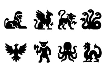 Ancient Creatures Icons. Solid, filled icon set of ancient creatures: sphinx, griffin, chimera, hydra, phoenix, minotaur, kraken, basilisk. [Solid, filled