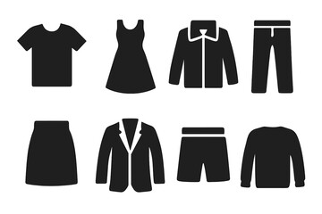 Clothing Icons Grid. Solid, filled icon set of clothing items: t-shirt, dress, jeans, jacket, skirt, suit, shorts, sweater. Solid, filled icons in only black
