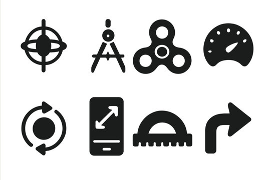 Spin Tool Icons. Solid, filled icon set of spin measurement tools: gyroscope, compass, spinner, speedometer, rotation sensor, accelerometer, protractor, turn
