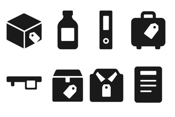 Label Placement Icons. Solid, filled icon set of label placement: box corner, product front, file spine, luggage handle, shelf edge, parcel top, clothing