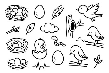 Bird Nest Doodles. Hand-drawn doodle illustration [Bird nests and eggs] [nest, egg, feather, twig, leaf, bird flying, beak, chick, shell crack, cloud, worm,