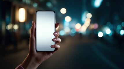 Hand Holds Smartphone with Blank Screen Against Blurred City Lights at Night.