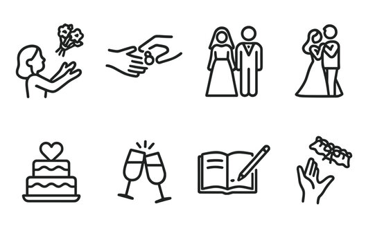 Wedding Tradition Icons. Outline icon set of wedding traditions: bouquet toss, ring exchange, wedding march, first dance, cutting cake, wedding