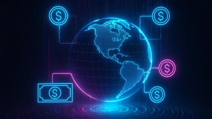 A glowing digital globe interconnected with currency symbols, representing global finance and cryptocurrency trends in neon colors. - Powered by Adobe