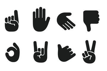 Obraz premium Hand Gesture Icons. Solid, filled icon set of hand signals for communication: sign language, stop hand, come here, thumbs down, okay sign, rock sign, call me