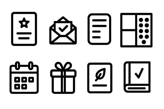 Gala Planning Icons. Solid, filled icon set of gala invitations and planning: invitation card, RSVP envelope, guest list, seating chart, event calendar, gift