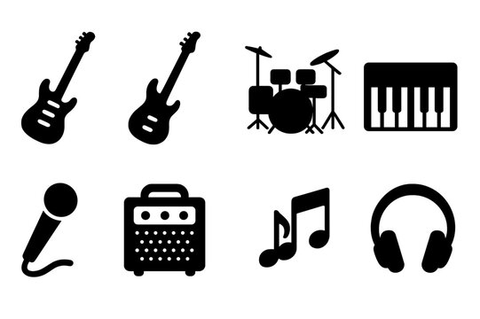 Jam Session Icons. Solid, filled icon set of jam session elements: electric guitar, bass guitar, drum kit, keyboard, microphone, amplifier, music notes,