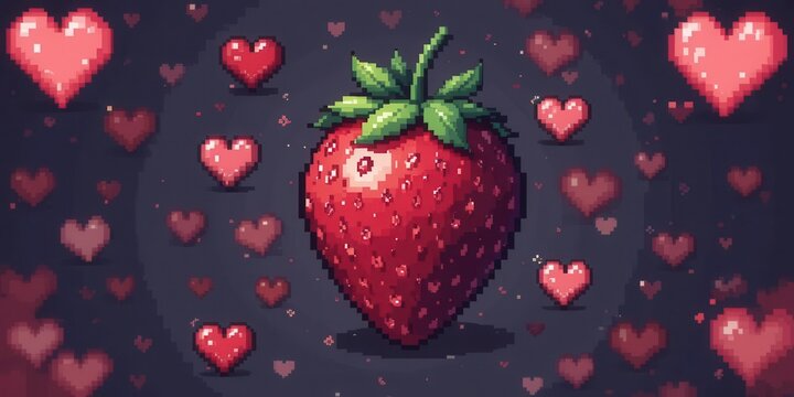 Pixel Strawberry Love  A Retro 8 Bit Strawberry Surrounded by Pixel Hearts