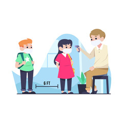 Back To School New Normal Vector Art With Teacher Checking Temperature Of Students Wearing Masks And Social Distancing In Classroom
