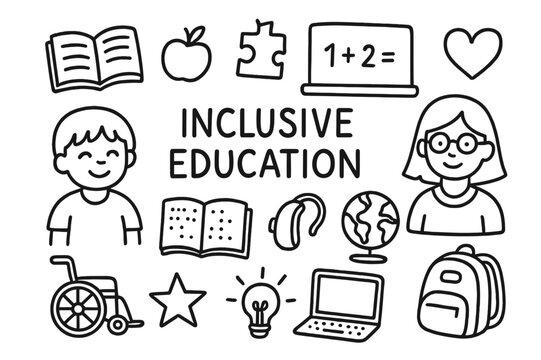 Inclusive Education Icons. Hand-drawn doodle illustration Child-centered inclusive education child, teacher, open book, apple, chalkboard, puzzle piece, heart,