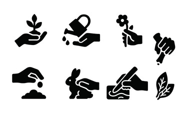 Hands in Nature Icons. Solid, filled icon set of hands in nature: holding plant, watering can, picking flower, planting seed, animal petting, wood carving,