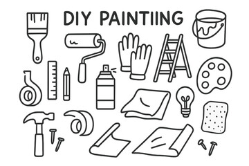 DIY Tools Doodle. Hand-drawn doodle illustration DIY painting paintbrush, roller, paint bucket, ladder, gloves, ruler, pencil, tape, drop cloth, spray can,