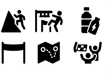 Stamina Challenge Icons. Solid, filled icon set of stamina challenges: mountain climb, obstacle course, racing flag, hydration break, energy gel, finish line,