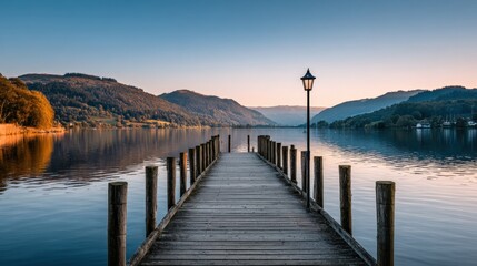 Obraz premium Serene Wooden Pier at Lake with Majestic Mountains in Background