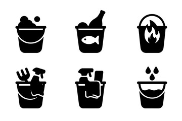 Utility Bucket Icon Set. Solid, filled icon set of bucket in activities: washing bucket, ice bucket for drinks, bucket for fishing bait, bucket for fire