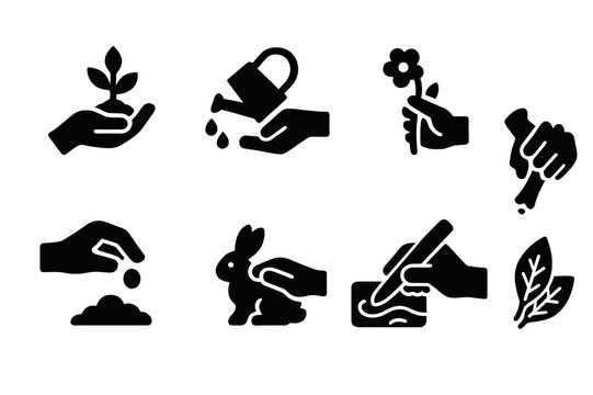 Hands in Nature Icons. Solid, filled icon set of hands in nature: holding plant, watering can, picking flower, planting seed, animal petting, wood carving,