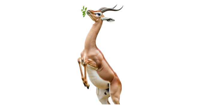 Gerenuk antelope stands on hind legs eating leaves isolated on white background.
