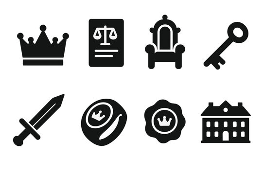 Royal Duties Icons. Solid, filled icon set of heir responsibilities: crown, legal document, throne, key, sword, royal ring, seal, ancestral mansion. Solid,