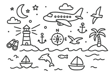 Obraz premium Night Ocean Doodle. Hand-drawn doodle illustration night flight over ocean airplane, moon, stars, clouds, waves, lighthouse, anchor, compass, dolphin, seagull,