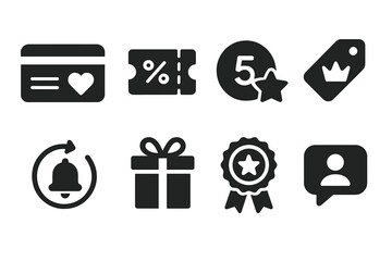 Client Retention Icons. Solid, filled icon set of client retention: loyalty card, discount coupon, reward points, exclusive offer, renewal notice, birthday