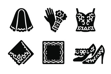 Lace Wedding Icons. Solid, filled icon set of lace wedding elements: lace bridal veil, lace gloves, lace bouquet wrap, lace dress detail, lace handkerchief,