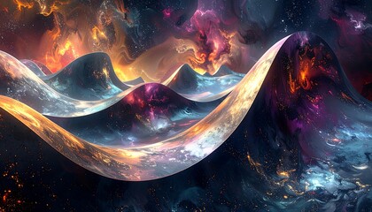 Abstract landscape of swirling nebulae and undulating mountains.  Cosmic, vibrant colors