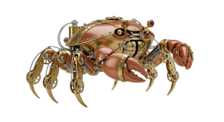 Steampunk crab with intricate mechanical details on a white background.