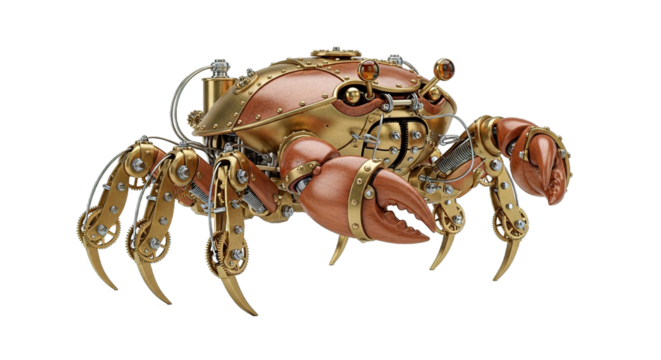 Steampunk crab with intricate mechanical details on a white background.
