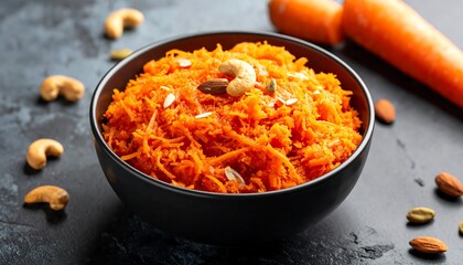 Carrot dessert in bowl on dark surface