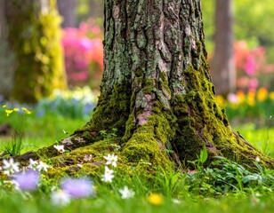 Obraz premium Moss-covered tree base in a vibrant spring garden, showcasing exposed roots amidst blooming wildflowers and a blurred colorful background