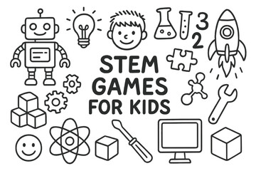 Naklejka premium STEM Doodle Icons. Hand-drawn doodle illustration [STEM games for kids] [robot, gears, blocks, light bulb, child, beaker, test tube, puzzle, numbers, rocket,