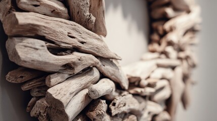 Intricate handmade driftwood frame or wreath, close-up with weathered textures and natural coastal charm.