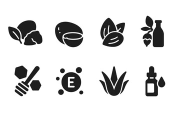 Cocoa Butter Icon Set. Solid, filled icon set of cocoa butter related natural ingredients: shea butter, coconut oil, almond oil, jojoba oil, honey, vitamin E,