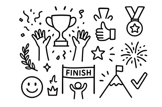Victory Icons Doodle. Hand-drawn doodle illustration [Success moment] trophy, raised hands, confetti, medal, thumbs up, laurel wreath, star, finish line,