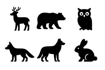 Animal Icon Grid. Solid, filled icon set of log cabin wildlife: deer, bear, squirrel, owl, fox, wolf, rabbit, bird. Solid, filled icons in only black color.