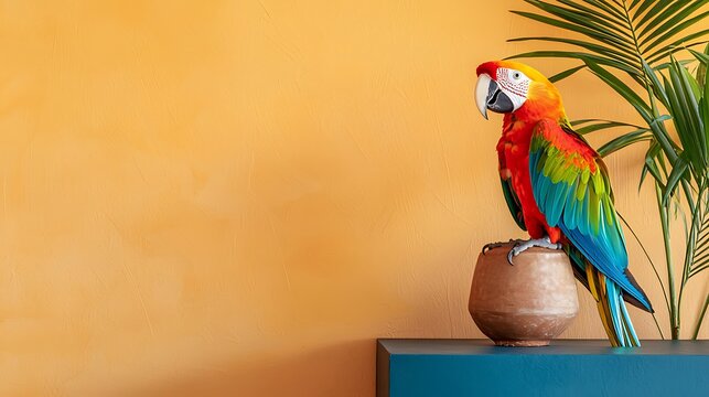 A vibrant scarlet macaw parrot perched on a pot with lush green foliage