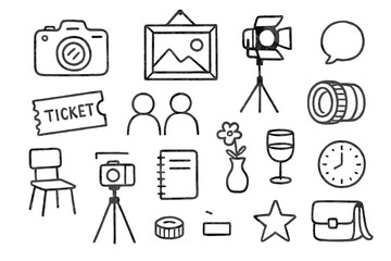 Photography Exhibition Icons. Hand-drawn doodle illustration photography exhibition camera, tripod, photo frame, spotlight, ticket, chair, notebook, flower