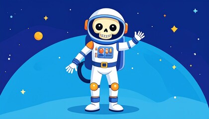 Cartoon astronaut skull in space