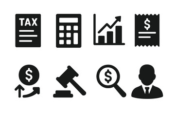 Offshore Tax Icons. Solid, filled icon set of offshore taxation: tax form, calculator, tax bracket, receipt, refund, penalty, audit, tax advisor. Solid, filled