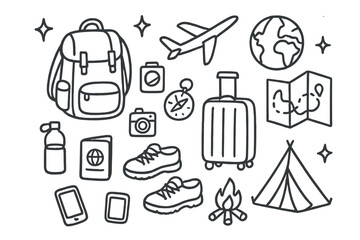 Adventure Essentials Doodle. Hand-drawn doodle illustration Travel Backpacking [backpack, suitcase, airplane, globe, map, compass, passport, camera, water