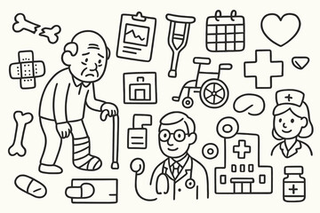 Elderly Care Doodle Icons. Hand-drawn doodle illustration elderly fracture walking stick, wheelchair, crutch, bone, plaster, chart, nurse, doctor, stethoscope,