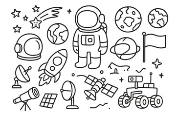 Fototapeta premium Space Exploration Doodles. Hand-drawn doodle illustration Human space travel astronaut, space helmet, rocket, flag, moon, mars, earth, star, comet, satellite,