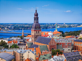 Obraz premium Riga cathedral in Riga old town. Aerial drone view. Panoramic view of Latvia capital city center